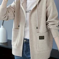 Swetry damskie - TEMU Damski Burgundowy Czerwony Kurtka z Kapturem na Zamek - Elegancki Płaszcz Zimowy z Pełnym Zamkiem, Kapturem i Białymi Listwami, Długi Rękaw, - miniaturka - grafika 1