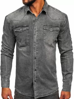 Koszule męskie - Grafitowa koszula męska jeansowa z długim rękawem Denley MC710G - grafika 1