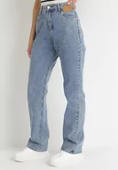 Spodnie damskie - Niebieskie Gładkie Jeansy Straight z Wysokim Stanem Cassalia - miniaturka - grafika 1