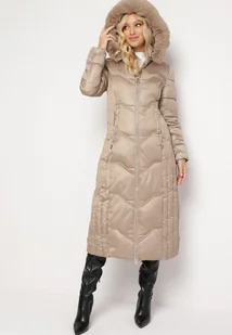 Beżowa Pikowana Kurtka Maxi z Ozdobnym Marszczeniem i Futerkiem Estenous - Kurtki damskie - miniaturka - grafika 1