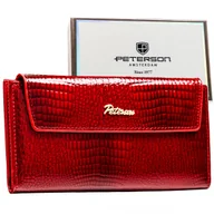 Portfele - Lakierowany duży portfel damski PETERSON rozbudowany na karty elegancki na prezent slim zatrzask i suwak czerwony - miniaturka - grafika 1