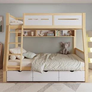 Łóżko piętrowe drewniane 90x200cm + 120x200cm - z drabinką i 3 szufladami - Białe + Naturalne (bez materaca) - Łóżka dla dzieci i młodzieży Łóżko piętrowe drewniane 90x200cm + 120x200cm - z drabinką i 3 szufladami - Białe + Naturalne (bez materaca) - Łóżka dla dzieci i młodzieży - miniaturka - grafika 1