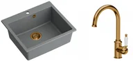 Zlewozmywaki z baterią - Quadron Zlewozmywak granitowy jednokomorowy 57*50*22 cm MORGAN 110 SILVER STONE z miedzianym odpływem z baterią RACHEL Q LINE kolor miedziany - miniaturka - grafika 1