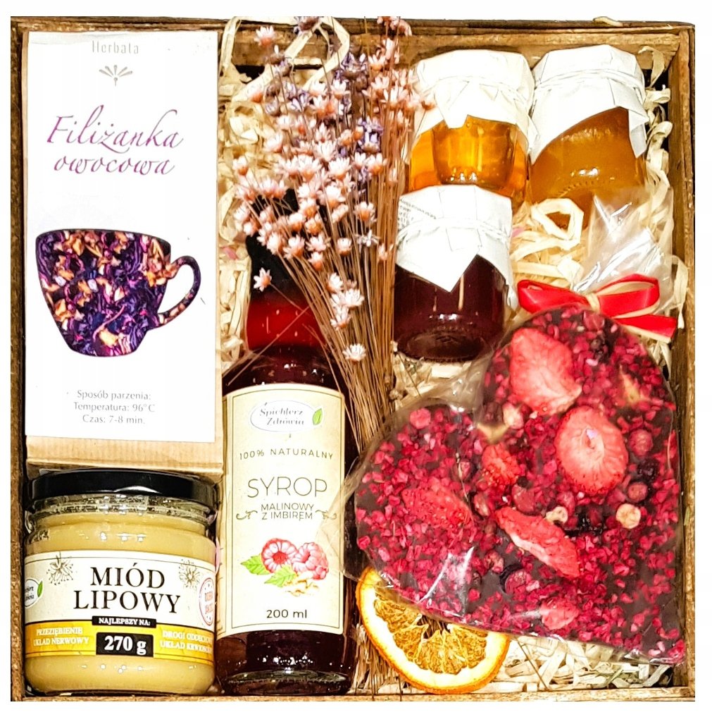 Kosz Prezentowy Box Herbata Syrop Miód Kwiaty Czekolada Konfiturki
