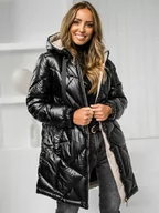 Kurtki damskie - Czarna długa pikowana kurtka płaszcz damska zimowa z kapturem Denley 5M3189 - miniaturka - grafika 1