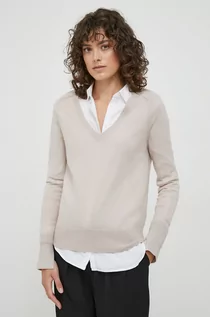Swetry damskie - Calvin Klein sweter wełniany damski kolor beżowy lekki - grafika 1