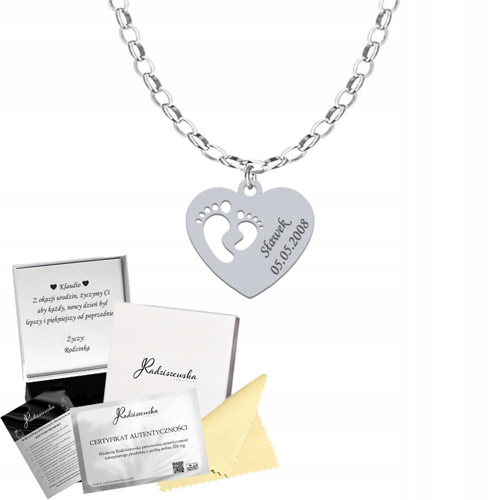 Naszyjnik Srebrny SERCE STÓPKI Imię Dziecka Prezent dla Mamy GRAWER GRATIS