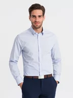 Koszule męskie - Klasyczna męska bawełniana koszula SLIM FIT w mikro wzór - błękitna V7 OM-SHCS-0156 - miniaturka - grafika 1