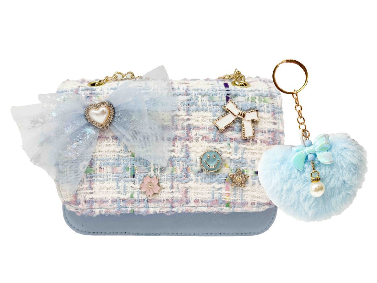 HOT FOCUS 748FD Tweedowa niebieska torebeczka torebka z brelokiem i kokardą