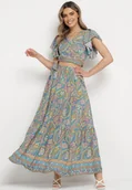 Komplety damskie - Niebieski Komplet 2-Częściowy we Wzór Paisley z Wiskozy Spódnica Maxi i Kopertowa Góra Wabila - miniaturka - grafika 1
