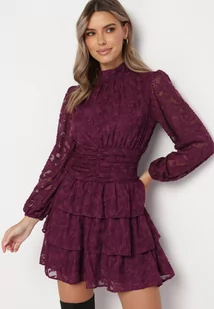 Fioletowa Taliowana Sukienka Mini Koronkowa z Falbankami Ciluna - Sukienki - miniaturka - grafika 1