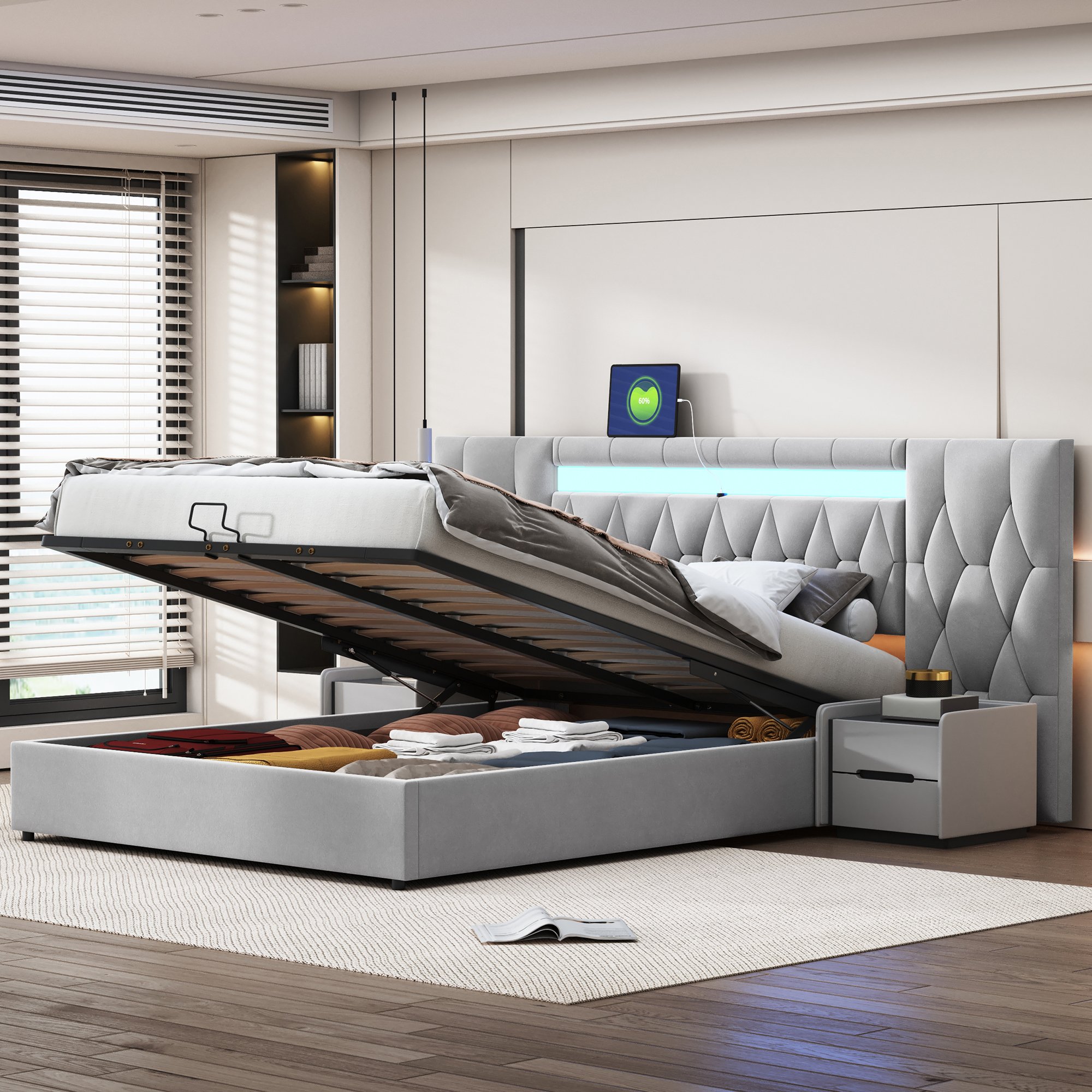 Łóżko tapicerowane Flieks 160x200cm z USB, schowek hydrauliczny łóżko podwójne łóżko młodzieżowe z LED, łóżko na sprężynach skrzyniowych łóżko drewniane ze stelażem z listew, aksamit, szary