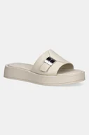Klapki i japonki damskie - Calvin Klein klapki skórzane FLATFORM SLIDE W/CK HW - LTH damskie kolor beżowy na platformie HW0HW02368 - miniaturka - grafika 1
