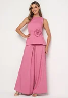 Komplety damskie - Różowy Komplet Bluzka z Aplikacją w Kształcie Kwiatu Szerokie Spodnie Vieviana - miniaturka - grafika 1