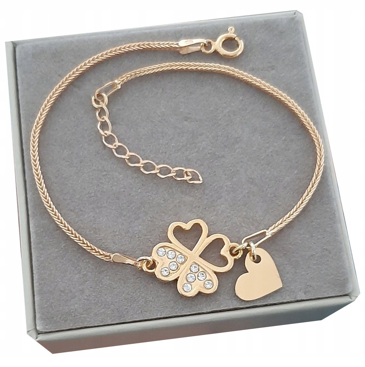 Złota bransoletka koniczynka SERCE kr.Swarovski