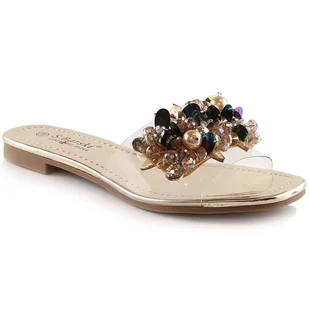 Klapki damskie komfortowe transparentne z koralikami złote S.Barski Kv 576-3 złoty - Klapki i japonki damskie - miniaturka - grafika 1