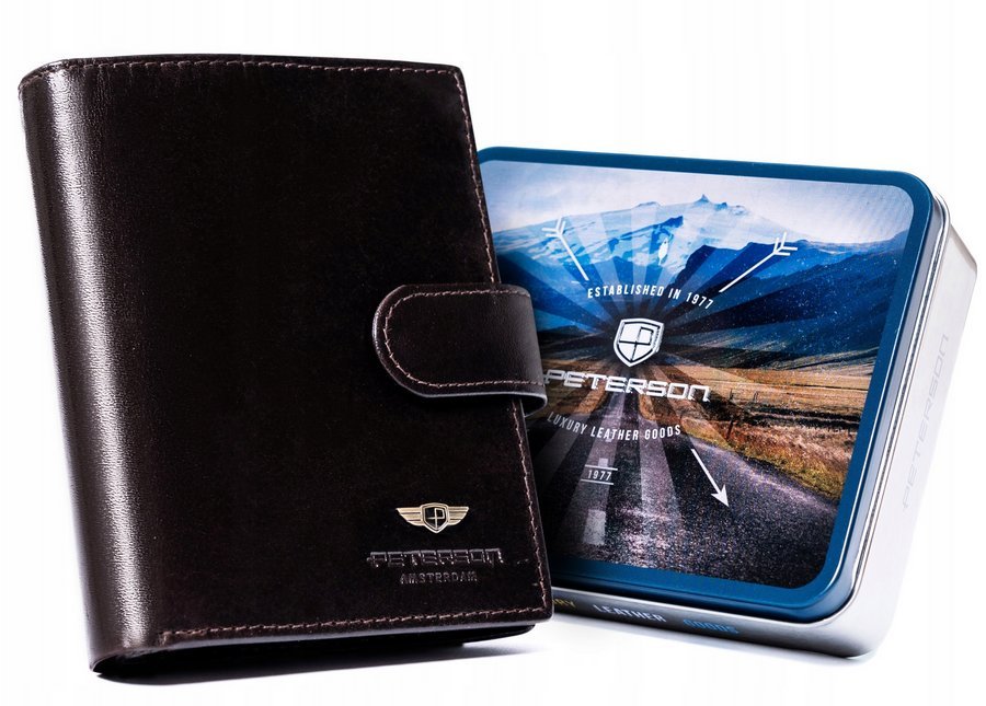Męski skórzany portfel Peterson na zatrzask pojemna portmonetka na karty i gotówkę, czarny