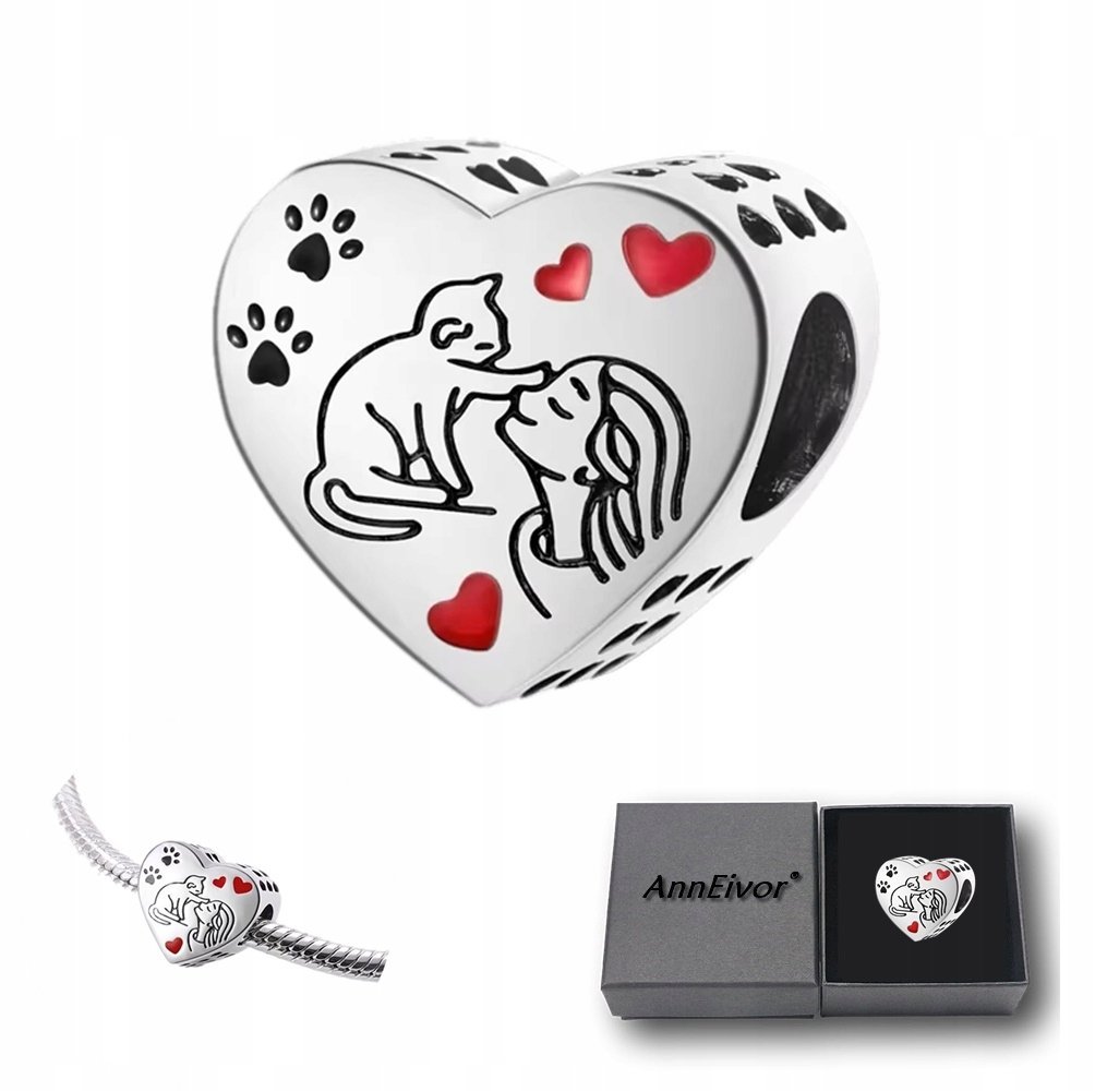 Koralik Modułowy Zawieszka Srebrna S925 Serce Prezent Dla Miłośnik Kotów