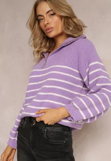 Swetry damskie - Fioletowy Golf Sweter z Zapięciem na Suwak w Paski z Długim Rękawem Zaheaha - grafika 1