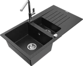 Zlewozmywaki z baterią - Mexen Matias zlewozmywak granitowy 1,5-komorowy z ociekaczem i baterią kuchenną Flora, czarny/srebrny - 6502-73-670401-00 - miniaturka - grafika 1