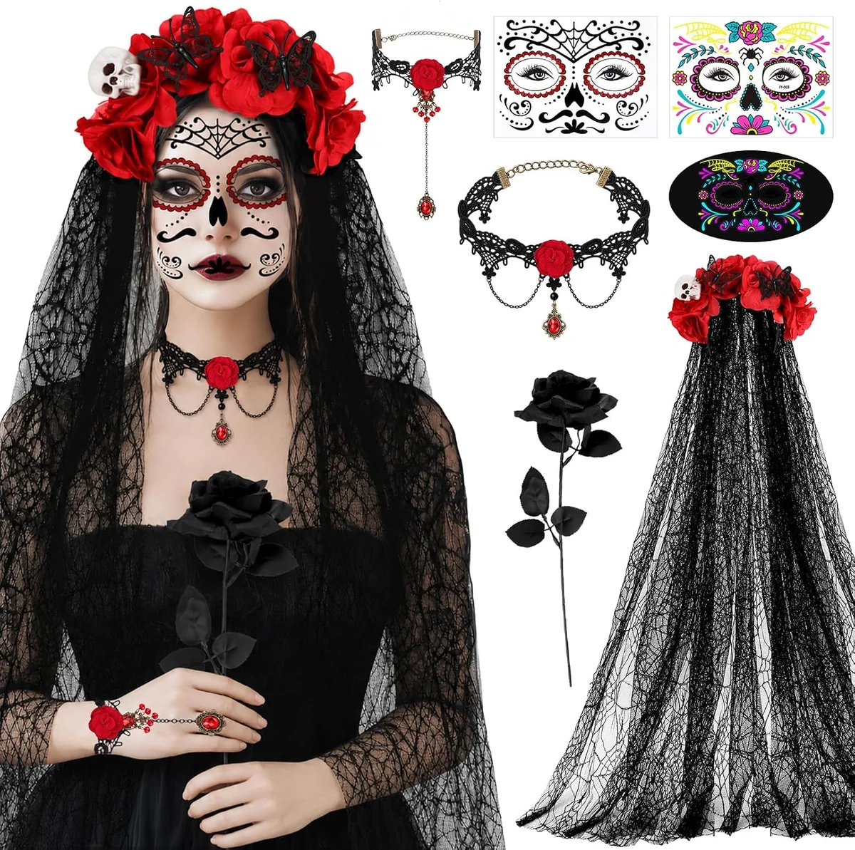 KOSTIUM HALLOWEEN DIA DE LOS MUERTOS DLA DOROSŁYCH KOBIET AKCESORIA ZESTAW