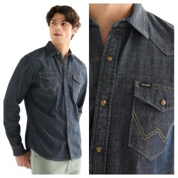 Koszula Męska Wrangler Western Shirt Niebieska Klasyczna Bawełniana M