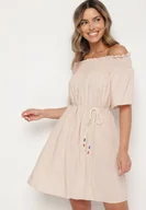 Sukienki - Beżowa Sukienka z Wiskozą Bawełną Hiszpańskim Dekoltem i Sznurkiem Lilarenne - miniaturka - grafika 1