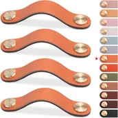 Zawiasy, okucia i inne akcesoria - Zestaw 4 mosiężnych i pomarańczowych skórzanych uchwytów do drzwi szafkowych, długość 190 mm, ze śrubami, nadaje się do szaf i kuchni - miniaturka - grafika 1