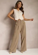 Spodnie damskie - Ciemnobeżowe Eleganckie Spodnie Garniturowe z Wysokim Stanem Lainiva - miniaturka - grafika 1