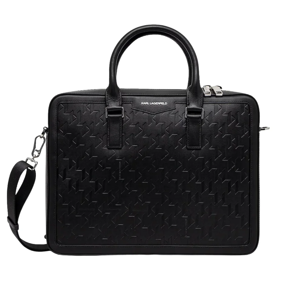KARL LAGERFELD Czarna męska aktówka skórzana z monogramem