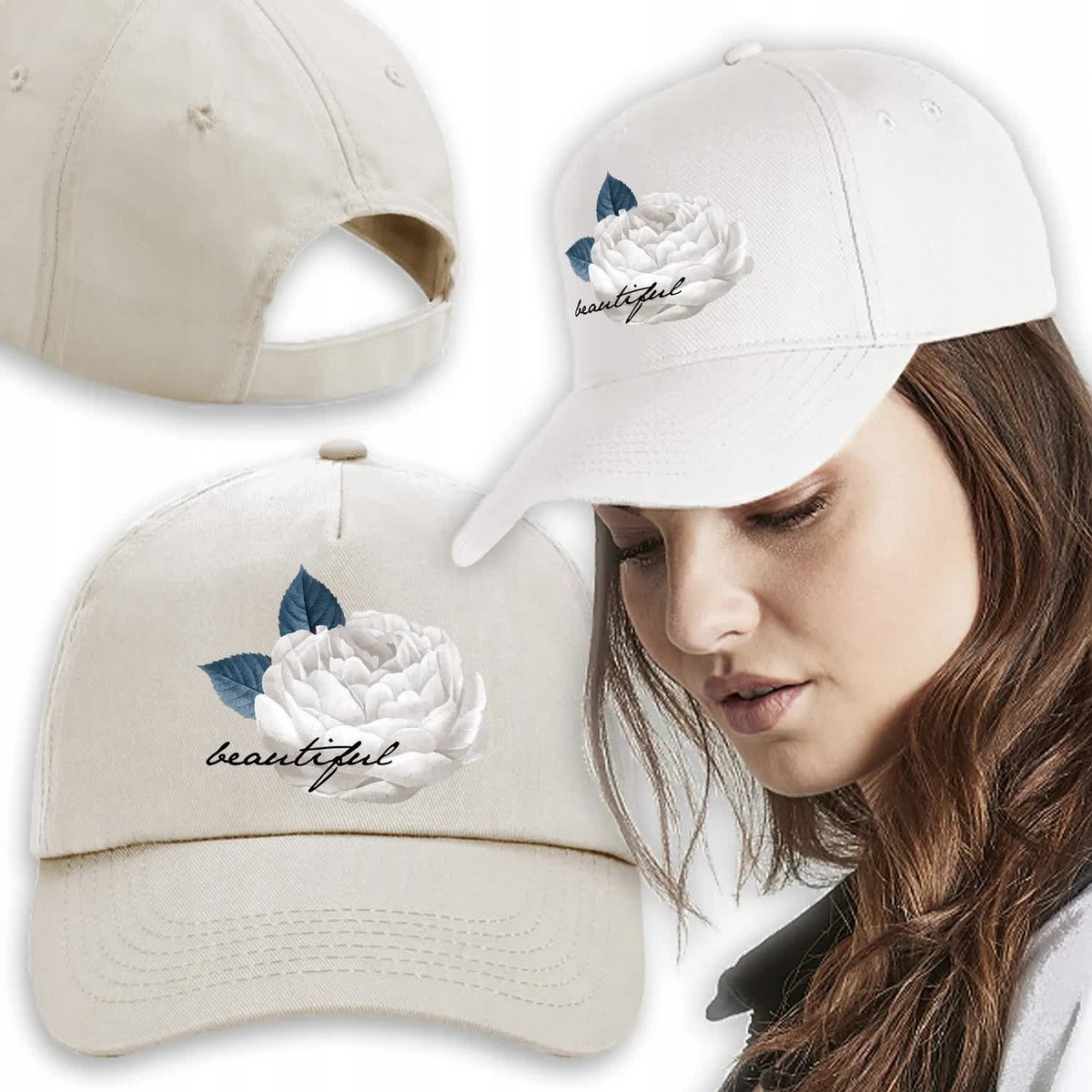 Czapka Beż Daszek Na Wiosnę BEAUTIFUL FLOWER Wzory