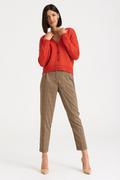Spodnie damskie - Beżowe spodnie cygaretki, nadruk w kratę - Greenpoint - miniaturka - grafika 1