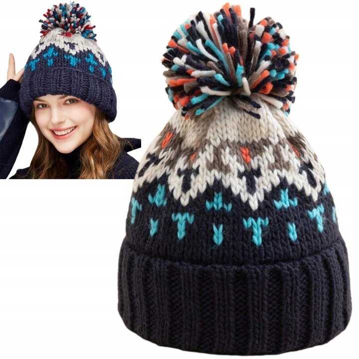 Czapka Zimowa Damska Z Pomponem Beanie Ocieplana Na Zimę Granatowa
