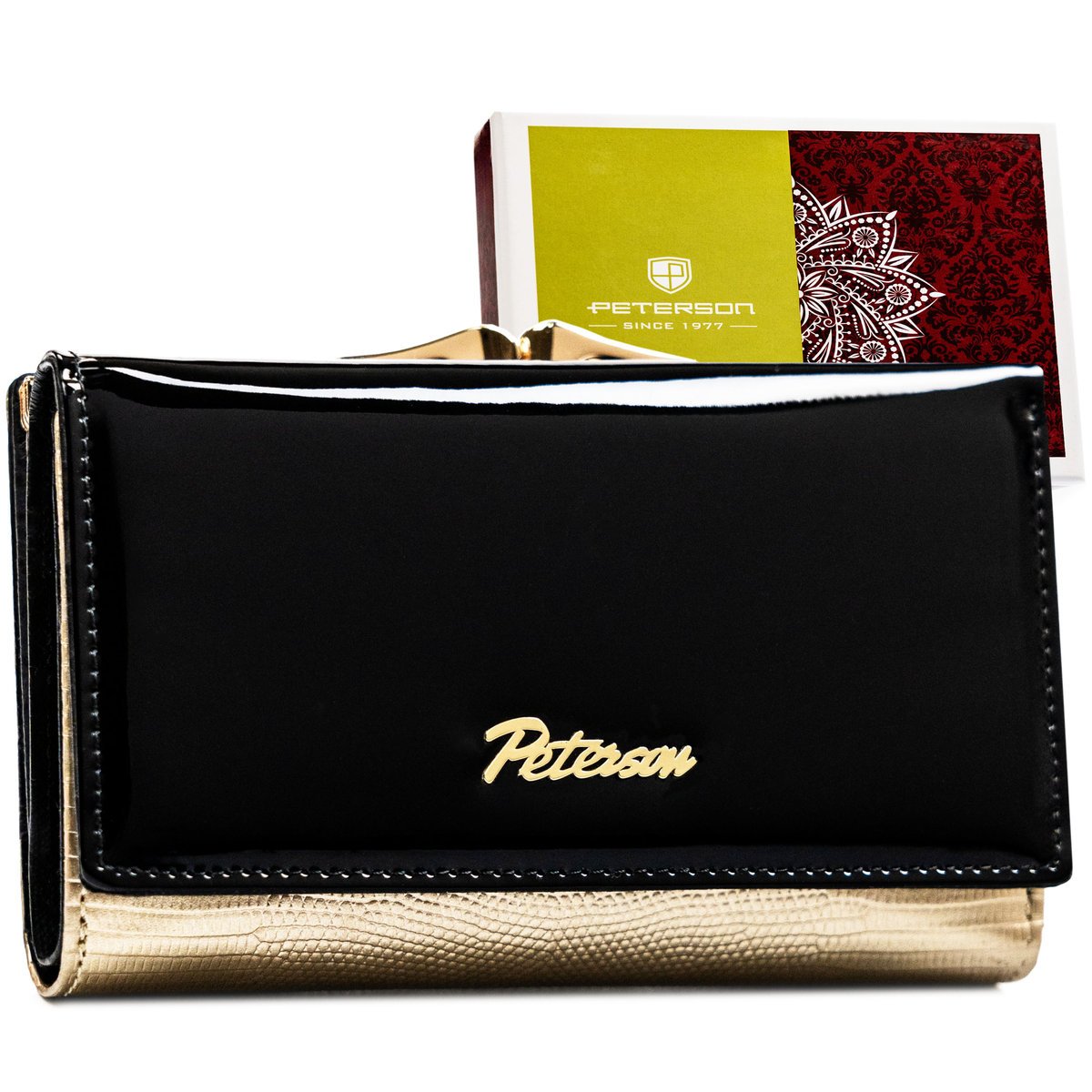 Elegancki średniej wielkości lakierowany portfel damski PETERSON czarno złota portmonetka na zatrzask i bigiel skóra naturalna rozbudowany na karty ..