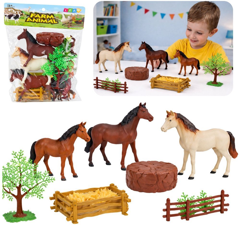 Figurka LeanToys Zestaw Figurki Zwierzęta Domowe Farma Konie Duże Małe Drzewka Płot 23 el.