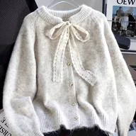 Swetry damskie - TEMU Elegancki damski kardigan sznurowany - Gruby, miękki sweter z zapięciem na wiązanie z przodu, szykowna odzież wierzchnia od biura na imprezę na - miniaturka - grafika 1