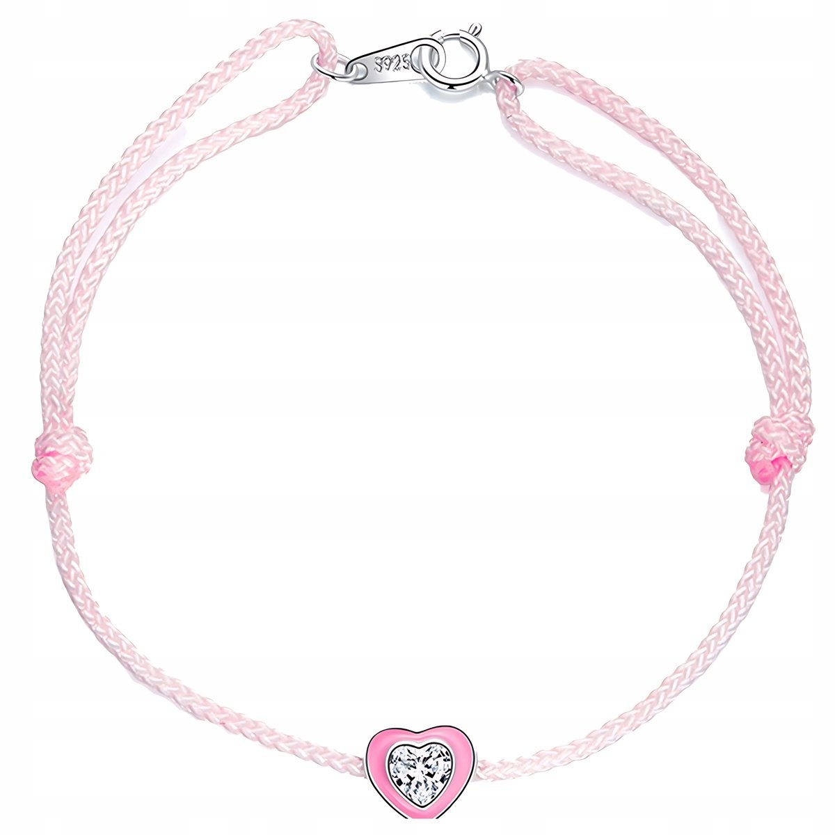 Bransoletka SERDUSZKO różowy sznurek SREBRO pr 925 serce cyrkonie kryształ