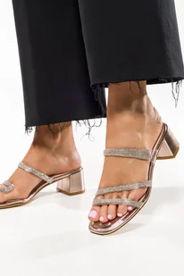 Miedziane klapki damskie Sergio Leone na szerokim klocku transparentne paski z cyrkoniami skórzana wkładka SK044-CA - Klapki i japonki damskie - miniaturka - grafika 1