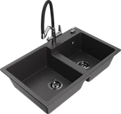 Zlewozmywaki z baterią - Mexen Tomas zlewozmywak granitowy 2-komorowy z baterią kuchenną Duo, czarny nakrapiany - 6516-76-671701-07-B - miniaturka - grafika 1
