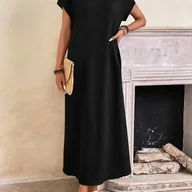 Sukienki - TEMU Sukienka damska casual z okrągłym dekoltem - gładka dzianina poliestrowa z elastanem, długość maxi bez dodatkowych zdobień, odpowiednia na każdą - miniaturka - grafika 1