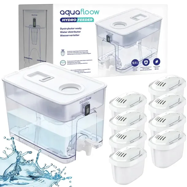 AquaFloow XL: dystrybutor na wodę 9,5l dzbanek filtrujący + 8x filtr