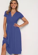 Sukienki - Niebieska Taliowana Sukienka z Dekoltem na Zakładkę Quimadea - miniaturka - grafika 1