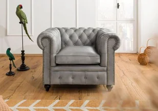 CHESTERFIELD Fotel #202 Szara skóra naturalna 105x82x75 cm - Fotele - miniaturka - grafika 1