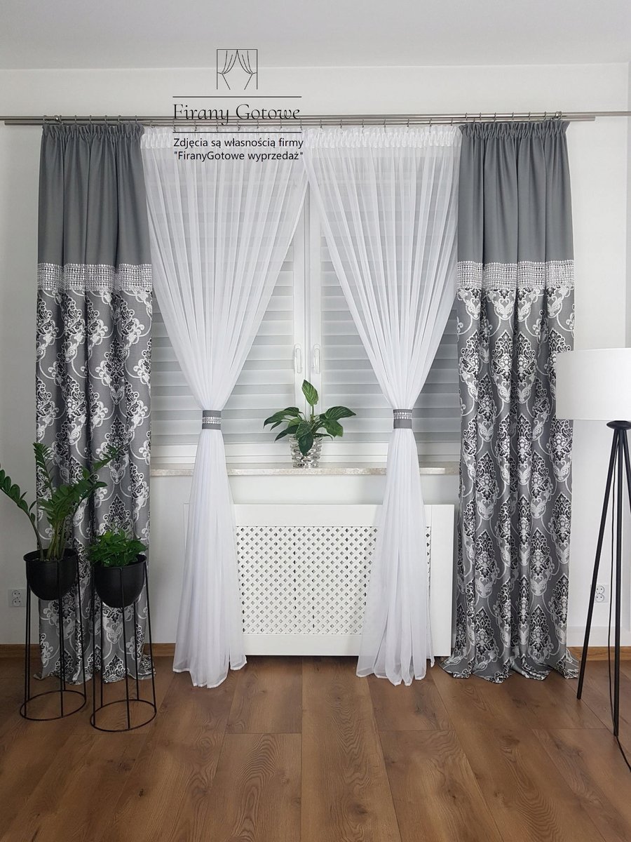 KOMPLET DŁUGA FIRANA I ZASŁONY SZARA FIRANKA DO JADALNI WOAL NA TAŚMIE
