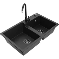 Zlewozmywaki z baterią - Mexen Tomas zlewozmywak granitowy 2-komorowy z baterią kuchenną Telma, czarny/srebrny metalik - miniaturka - grafika 1