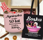 Gadżety dla niej i dla niego - Zestaw prezentowy na 50 urodziny - kubek na 50 z imieniem oraz torba - miniaturka - grafika 1