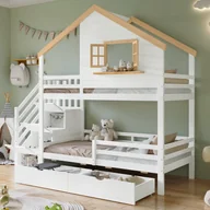 Łóżka dla dzieci i młodzieży - Łóżko piętrowe 90x200 cm - ze schodkami do przechowywania - z 2 szufladami - z dachem i oknami - lite drewno + płyta MDF - białe + naturalne - miniaturka - grafika 1