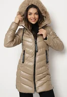 Kurtki damskie - Ciemnobeżowa Pikowana Kurtka z Kapturem i Futerkiem z Możliwością Odpięcia Elentina - miniaturka - grafika 1