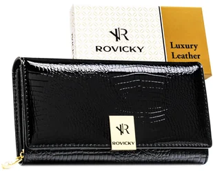 Duży portfel damski ROVICKY skórzany elegancki lakierowany na zatrzask ochrona RFID STOP czarny - Portfele - miniaturka - grafika 1