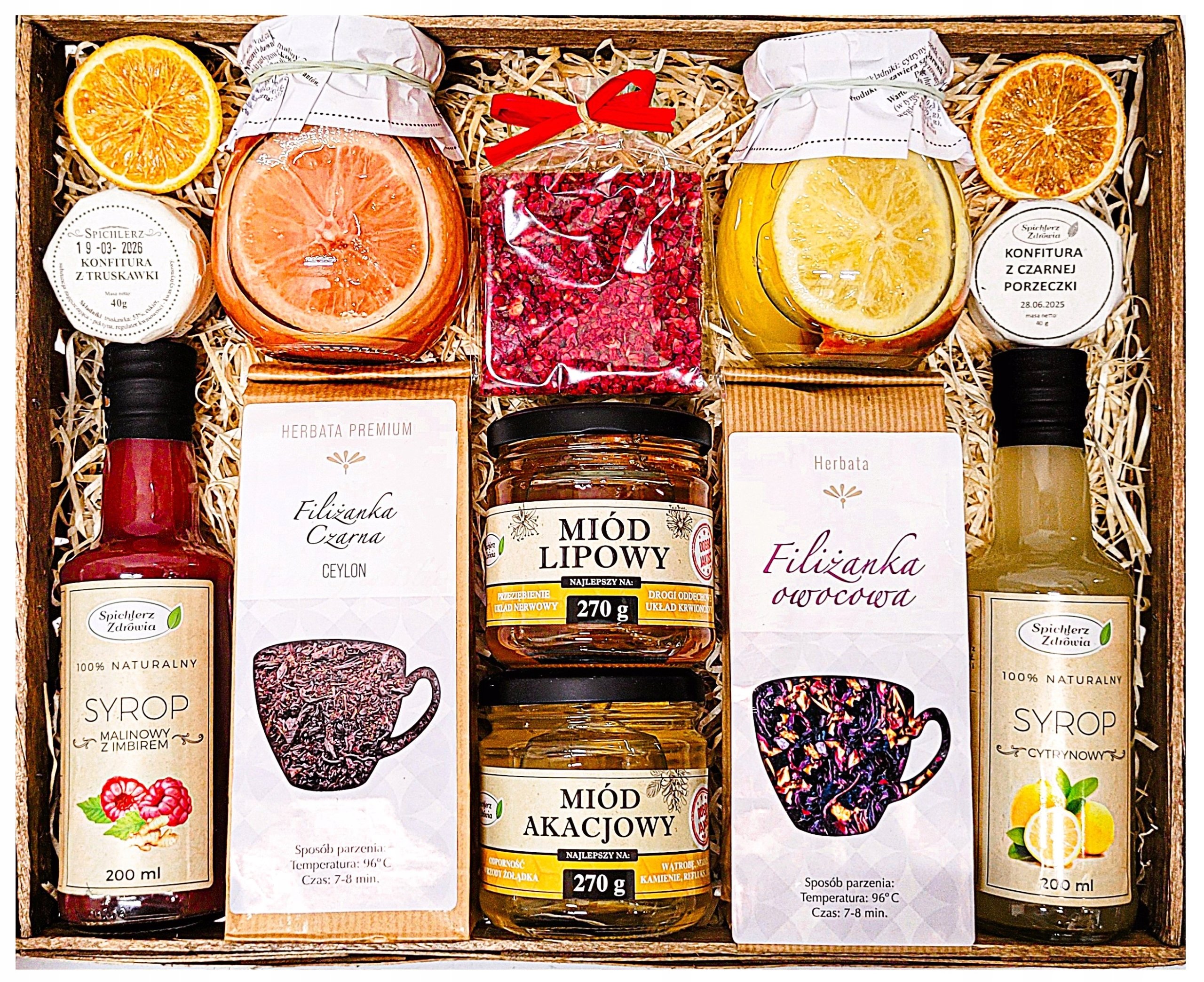 Duży Kosz Prezentowy Herbata Miód Cytryna Syrop Malina Pyszności